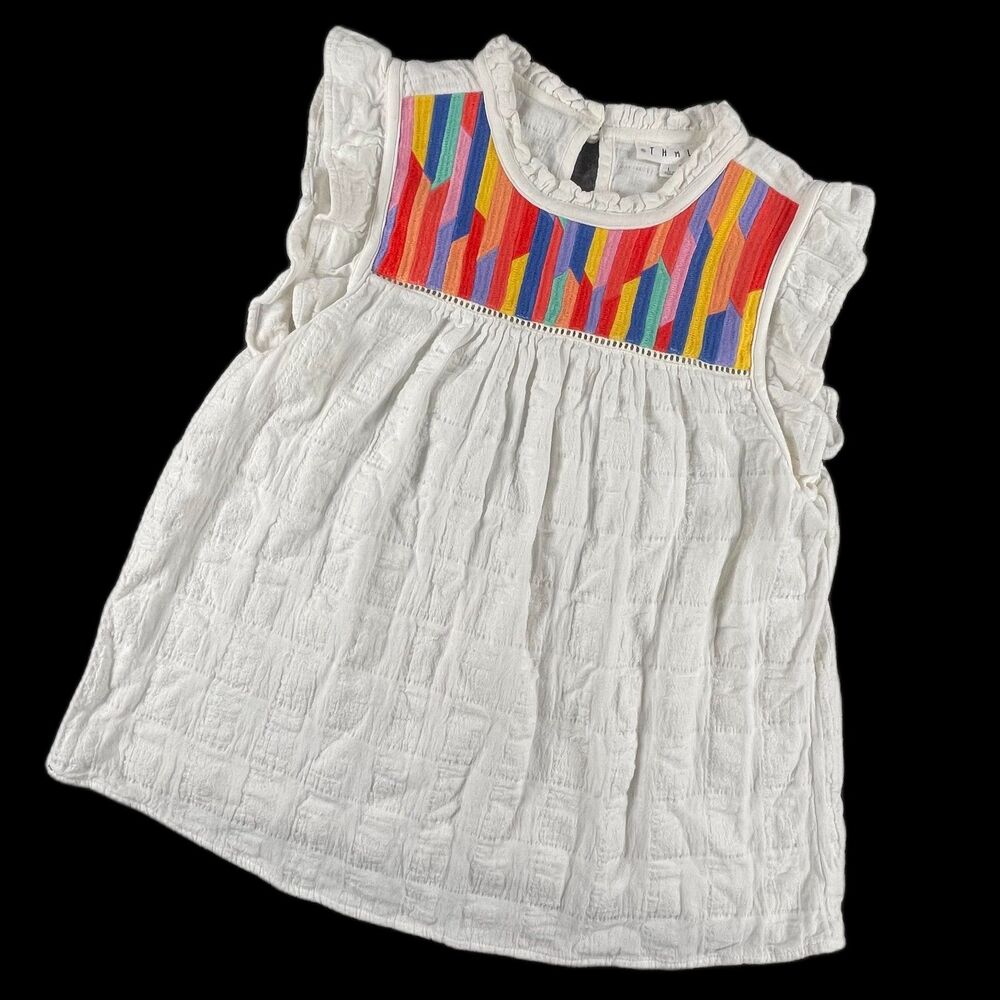 THML Embroidered Bib Ruffle Sleeve Top Boho Babydoll Summer Lightweight Blouse